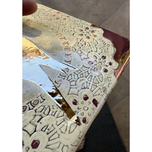 Handcrafted ceramic clay wall Tile plaque doily textured bird metallic mirror - Picture 4 of 6